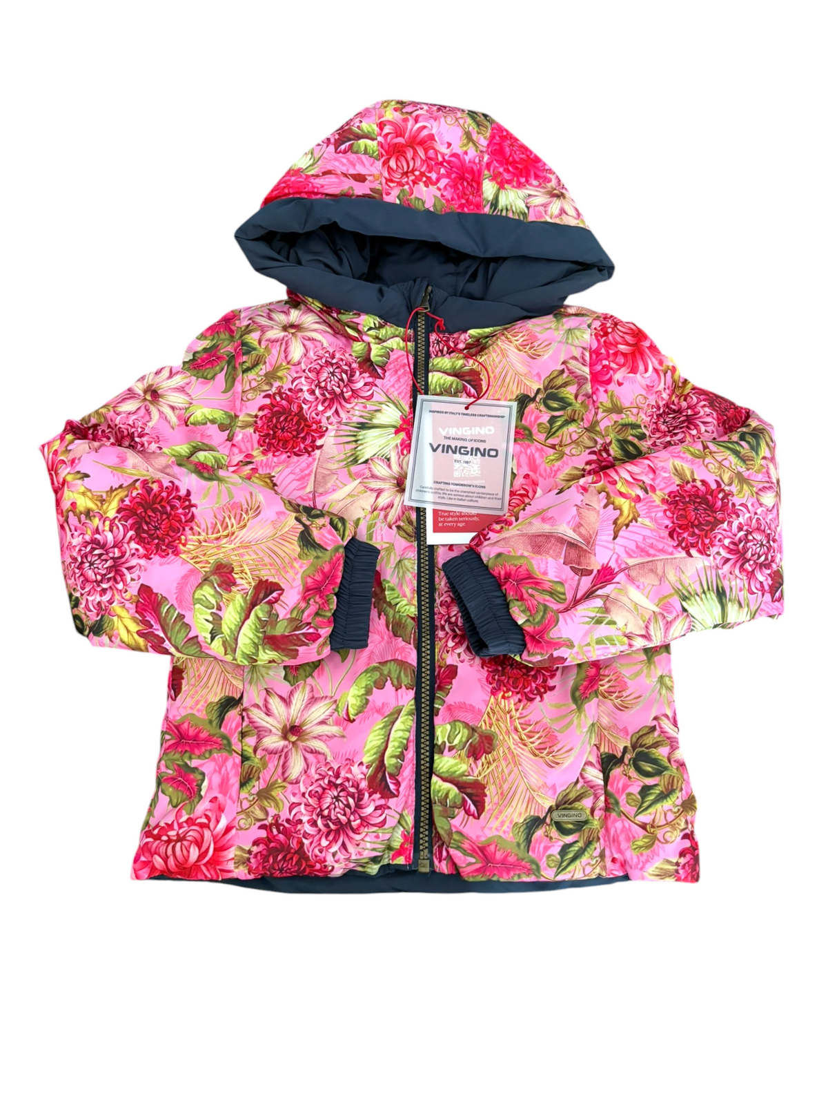 Vingino Girl Pink Floral and Navy Reversible Hooded Jacket, 5–6Y, 8Y