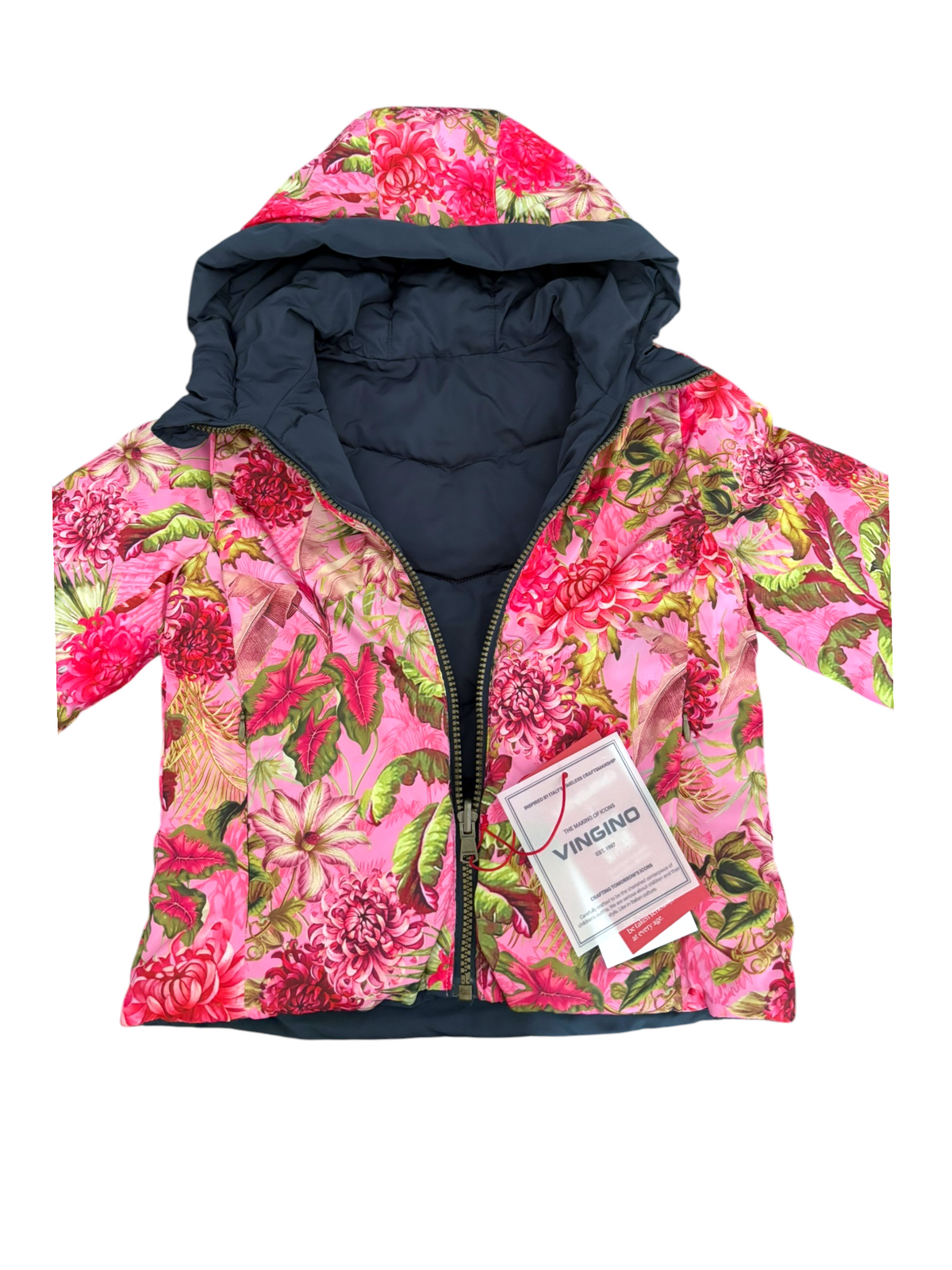 Vingino Girl Pink Floral and Navy Reversible Hooded Jacket, 5–6Y, 8Y