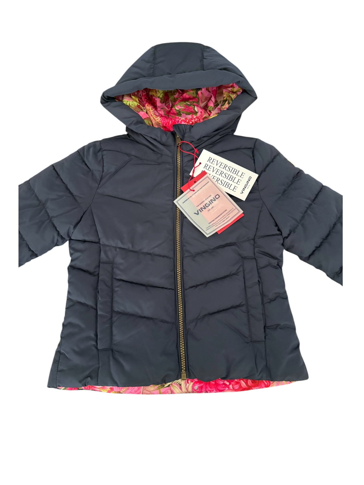 Vingino Girl Pink Floral and Navy Reversible Hooded Jacket, 5–6Y, 8Y