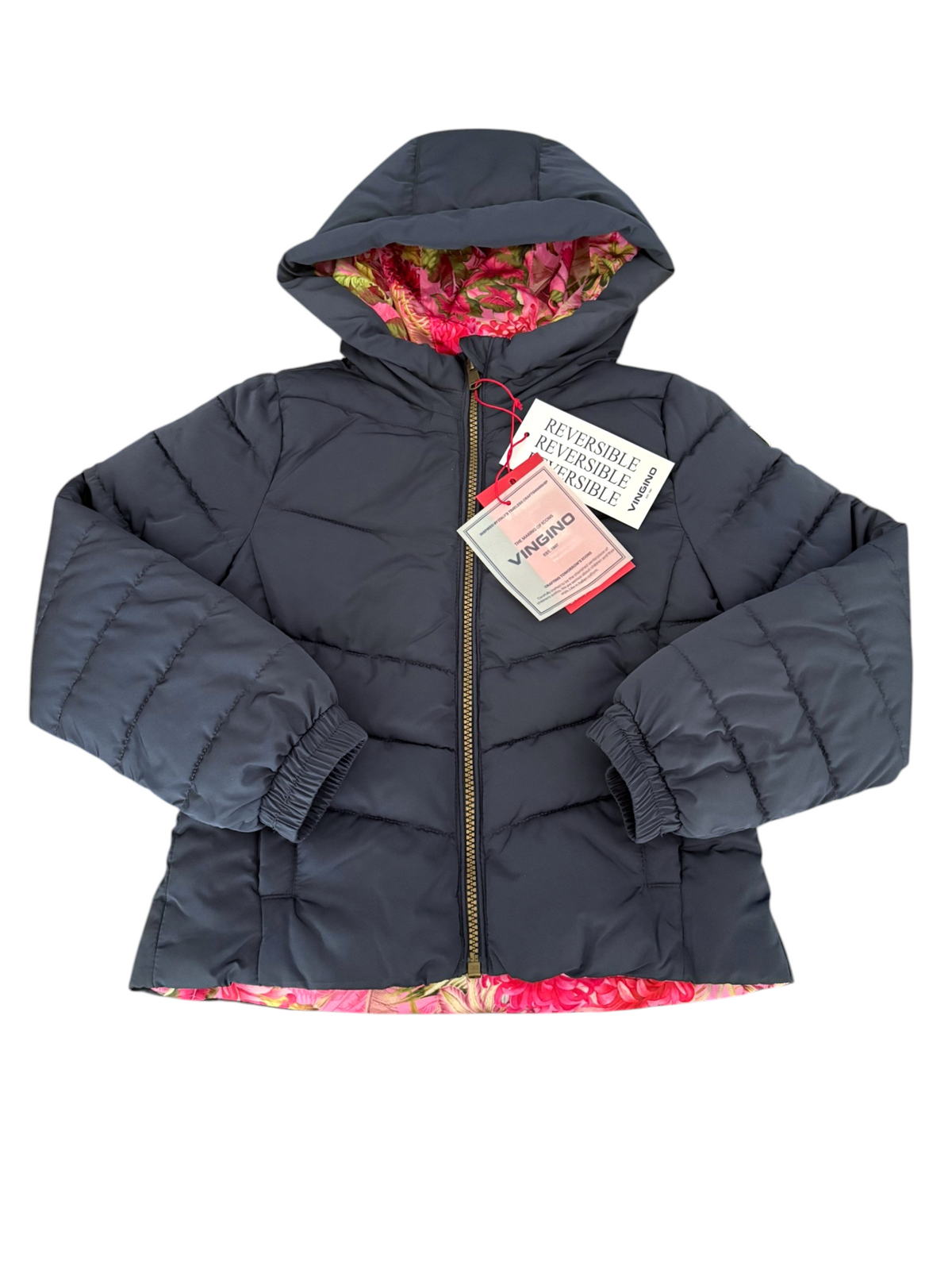 Vingino Girl Pink Floral and Navy Reversible Hooded Jacket, 5–6Y, 8Y