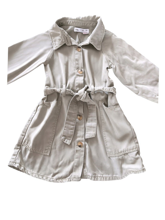 Zara Girl Khaki Green Belted Twill Utility Dress, 3-4Y / 104 - second hand baby clothing 