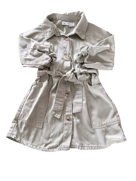 Zara Girl Khaki Green Belted Twill Utility Dress, 3-4Y / 104 - second hand baby clothing 
