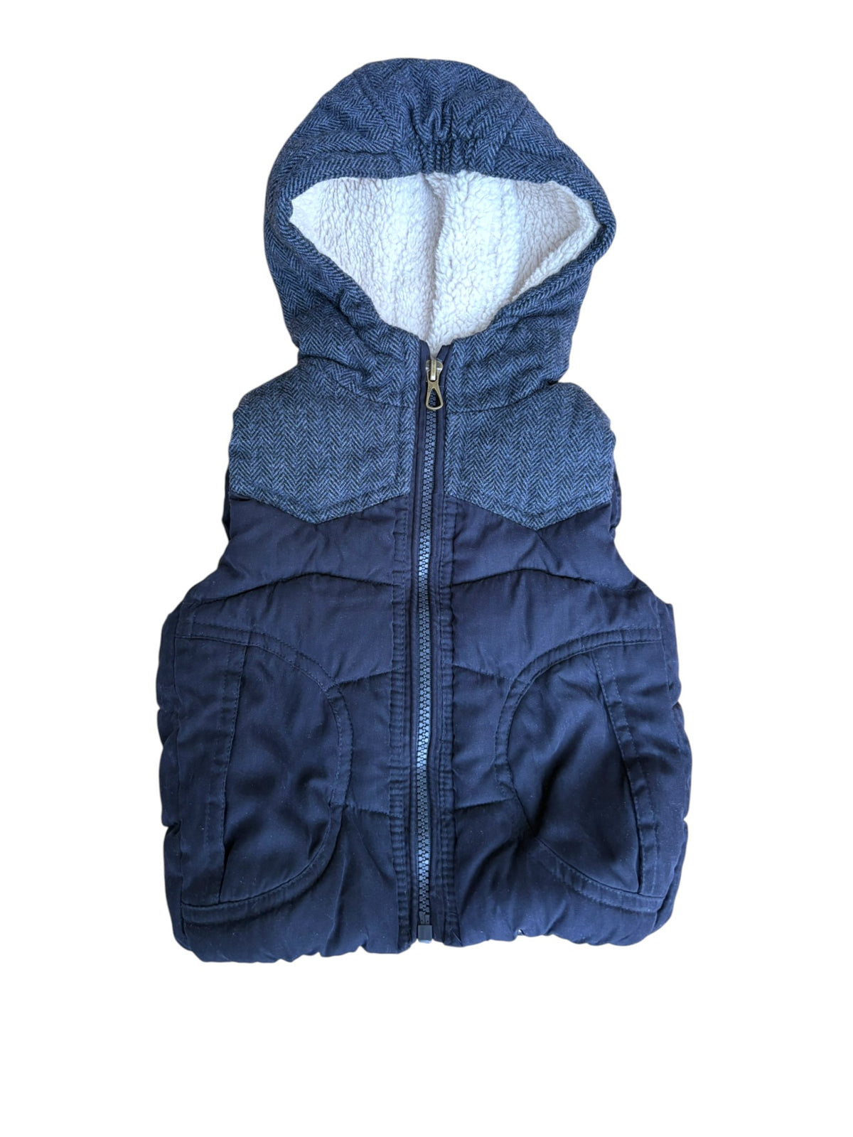 Zara Boy Navy Herringbone Faux Shearling Hooded Padded Vest, 12-18M / 86 - second hand baby clothing