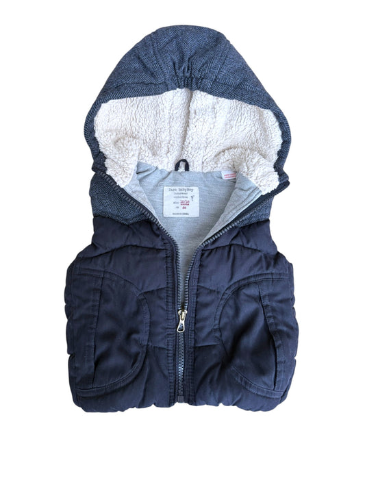 Zara Boy Navy Herringbone Faux Shearling Hooded Padded Vest, 12-18M / 86 - second hand baby clothing
