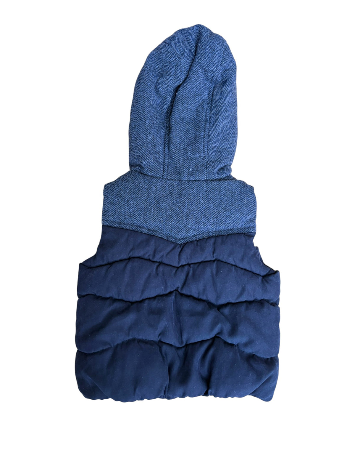 Zara Boy Navy Herringbone Faux Shearling Hooded Padded Vest, 12-18M / 86 - second hand baby clothing