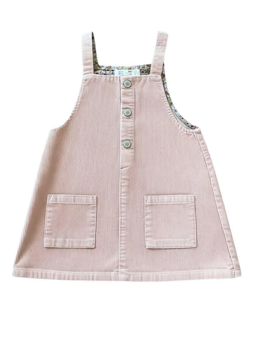 Zara Girl Dusty Pink Floral-Lined Corduroy Pinafore Dress, 2-3Y / 98 - second hand baby clothing