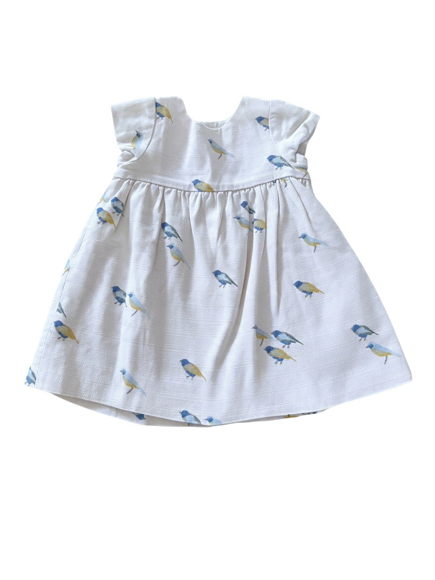 Zara Girl White Bird Print Textured Cotton Dress, 9-12M / 80