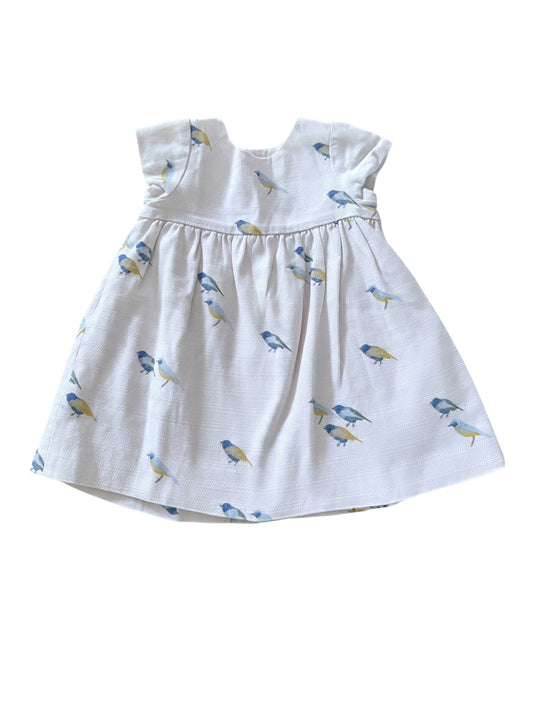 Zara Girl White Bird Print Textured Cotton Dress, 9-12M / 80